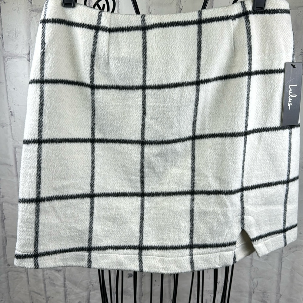Lulus Plaid Mini Skirt Windowpane Fleece Flannel Wool Blend Notch Hem Back Zip